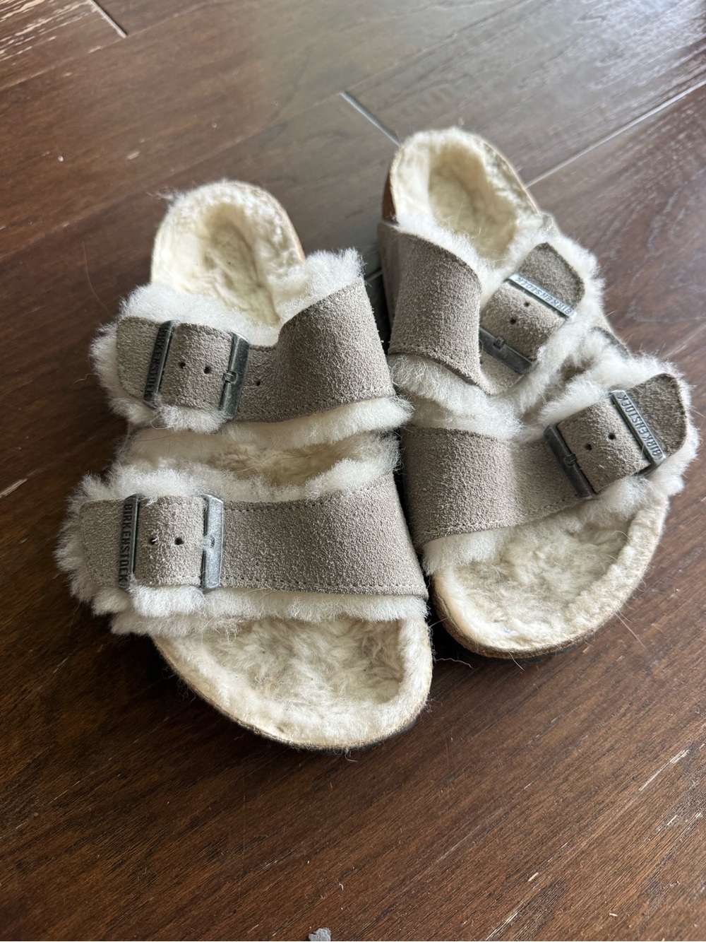 Birkenstock Arizona Shearling Sandals In A Taupe Suede Color 38 US 7